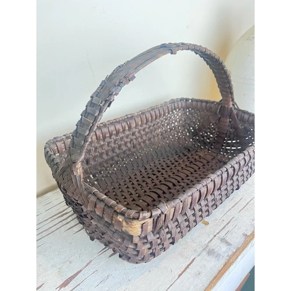 Antique Primitive Gathering Basket Dark Brown Woven Wicker Rectangular Rustic